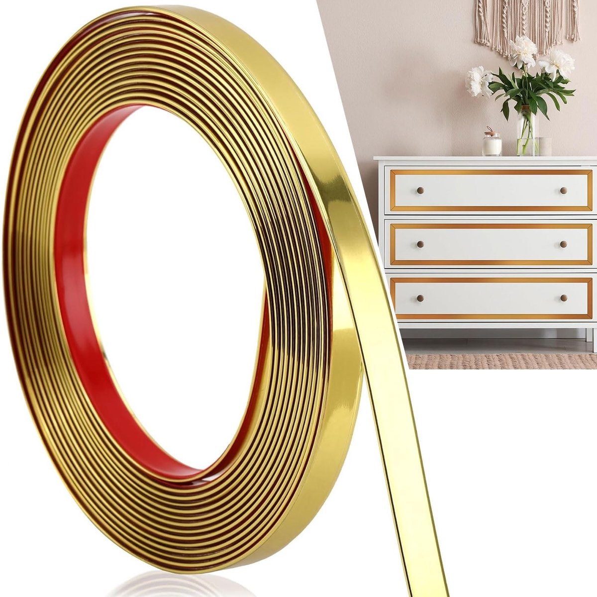 Livia home - Wandafwerking - Flexibele metaalstrip - Zelfklevend - Goud - Decoratieve wandstrip - Voor meubels en spiegels - 6m x 20mm