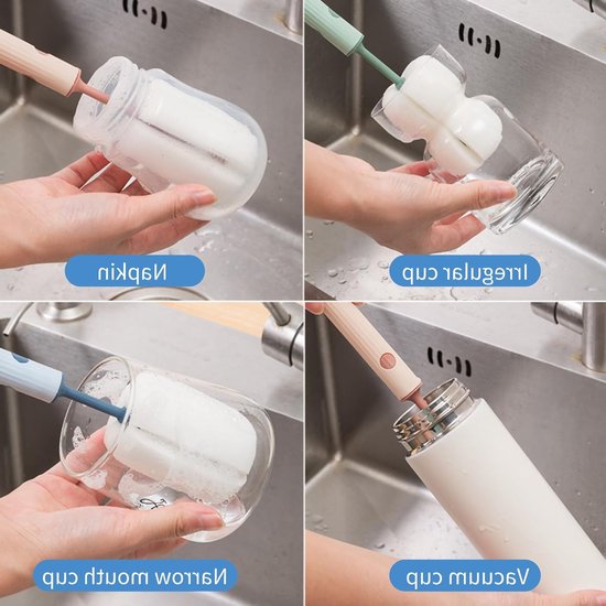 Set van 4 Schoonmaakborstels voor Flessen, Glazen en Bekers - Inclusief Spons en Handvat voor Efficiënte Reiniging van Babyflessen, Thermosflessen en Theepotten — afbeelding 2