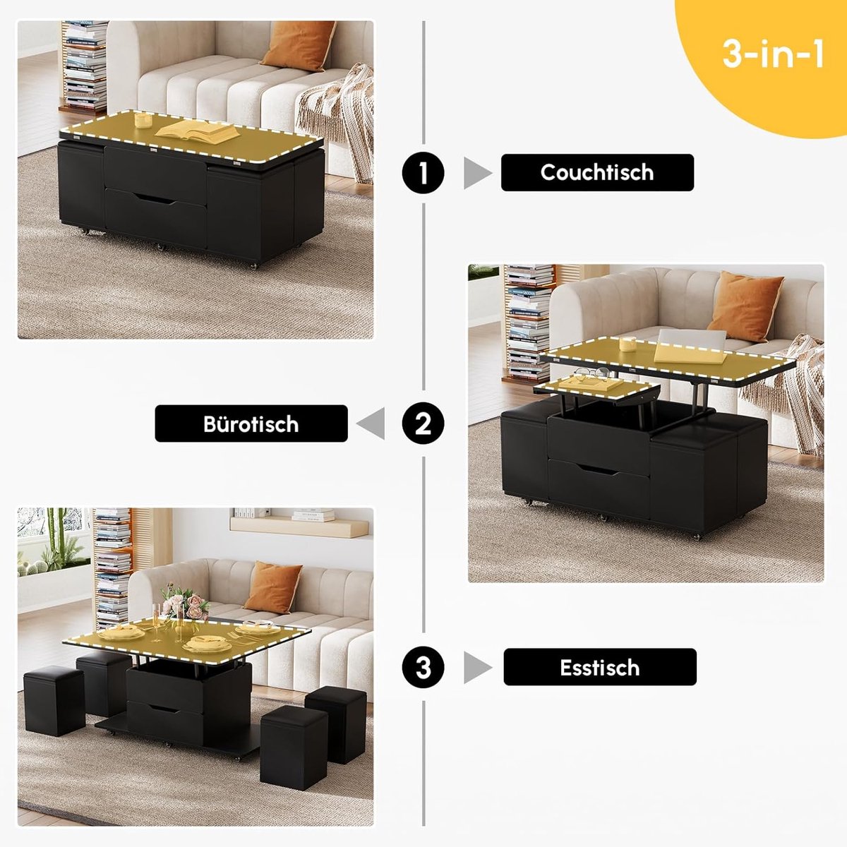 In Hoogte Verstelbare Salontafel 3-in-1 - House&Garden StoneLift Luxe Woonkamertafel met Opbergruimte, 4 Krukken en Wielen - Transformeerbare Eettafel & Werktafel 100x50 cm - Zwart Modern Design met Steentop