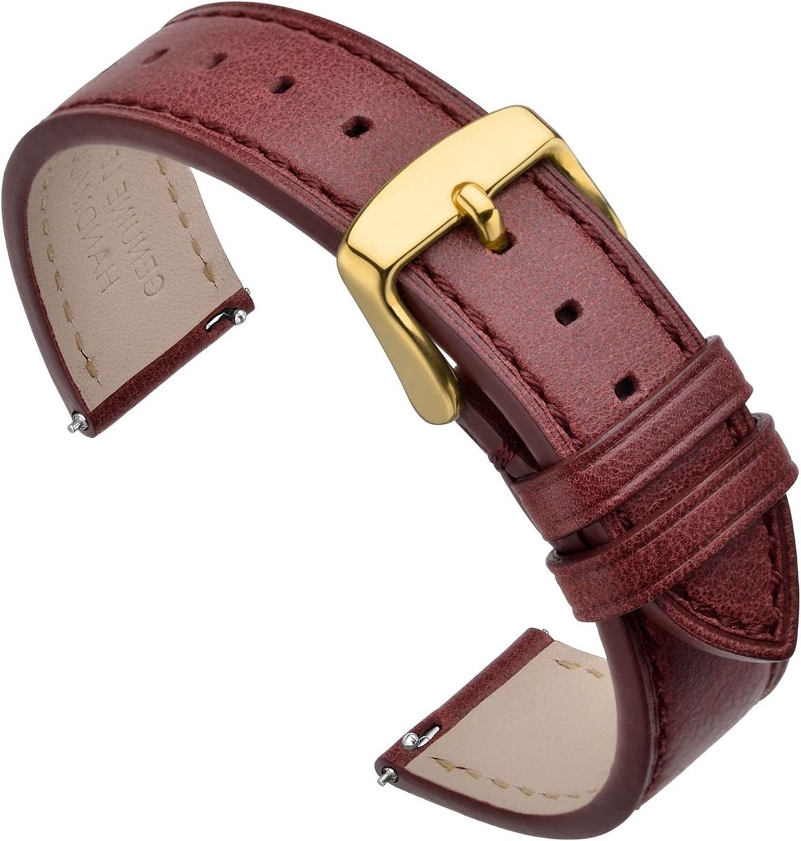 Lederen horlogeband met snelsluiting, vervangband voor 17-22 mm horloges, Rood-Gouden gesp, duurzaam en stijlvol