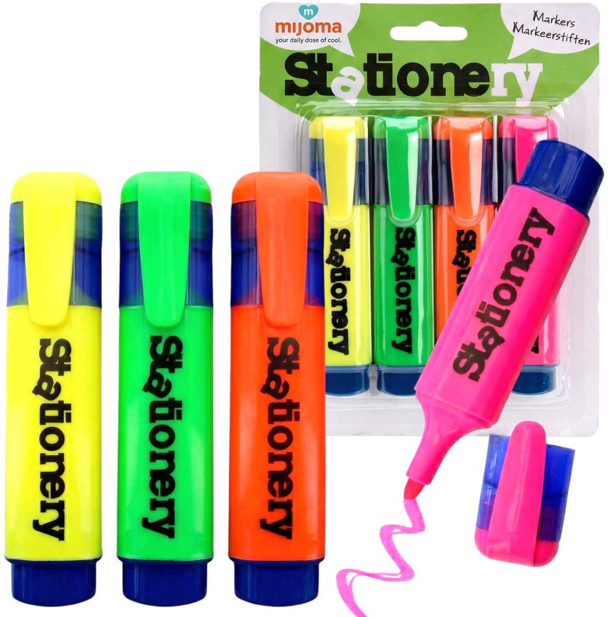 Dailygoods - Set van 4 markeerstiften - Neon kleuren - Topkwaliteit markeren - Schuine punt - Geschikt voor school, thuis of kantoor - Lange markeerpr