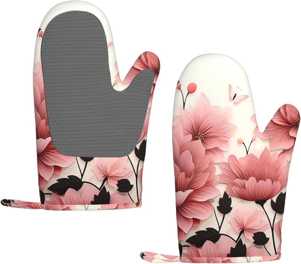 Ovenwanten Set - Keukenhandschoenen - Veilig Koken - Hittebestendig Siliconen - 2 Stuks - Roze Bloem