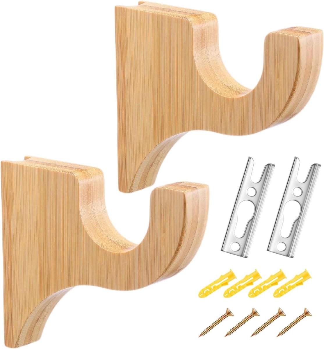 Houten Roedehouders - Gordijnbeugels Ophangers - Ruimtes Organiseren - Eenvoudige Installatie - 2 Stuks - Houtkleur