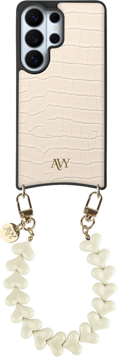 AVY Leren Hoesje Geschikt voor Samsung Galaxy S26 Ultra | Compatibel met MagSafe | Leather Case met Telefoonkoord | Polsband | Croco Beige | Cupid Beige
