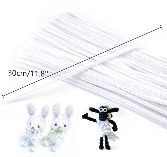 Pijpenreiniger 100 stuks - wit chenilledraad - 30 cm buigpluis voor kinderen - knutselen en decoreren van Merkloos	 — afbeelding 3