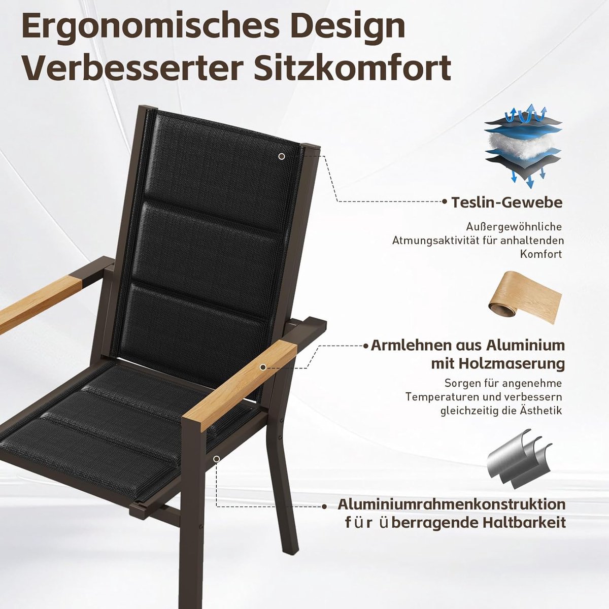 Tuinmeubelset 8 Personen 189x80x72 cm – Aluminium Tuintafel met 8 Stapelstoelen Houtlook, Weerbestendig, Onderhoudsvrij Donkergrijs – Nicolehome