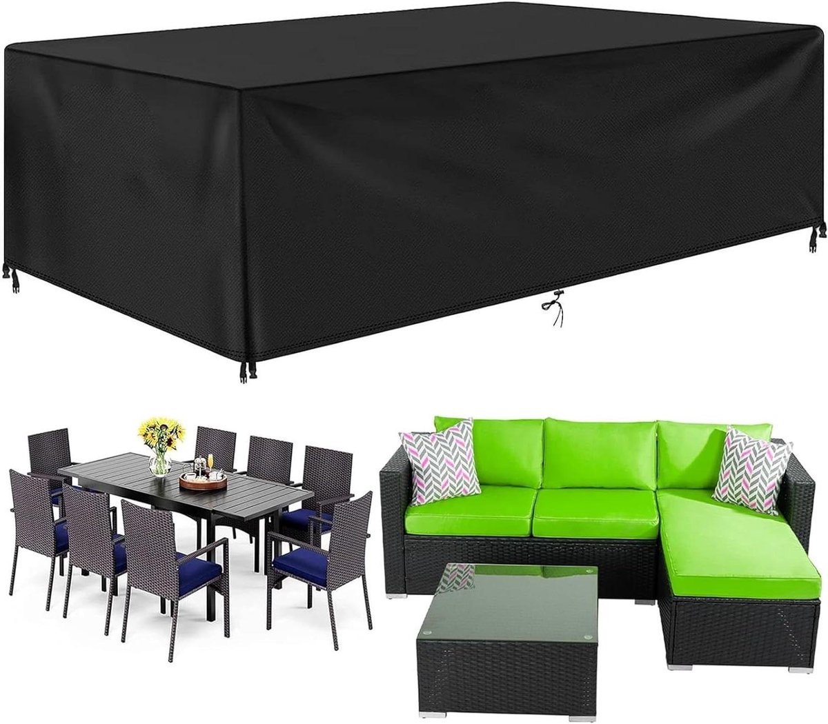 Waterdichte Tafelhoes - Tuinmeubelhoes Beschermhoes - Meubels Beschermen - 420D Oxford Stof - 295 x 270 x 70 cm - Zwart