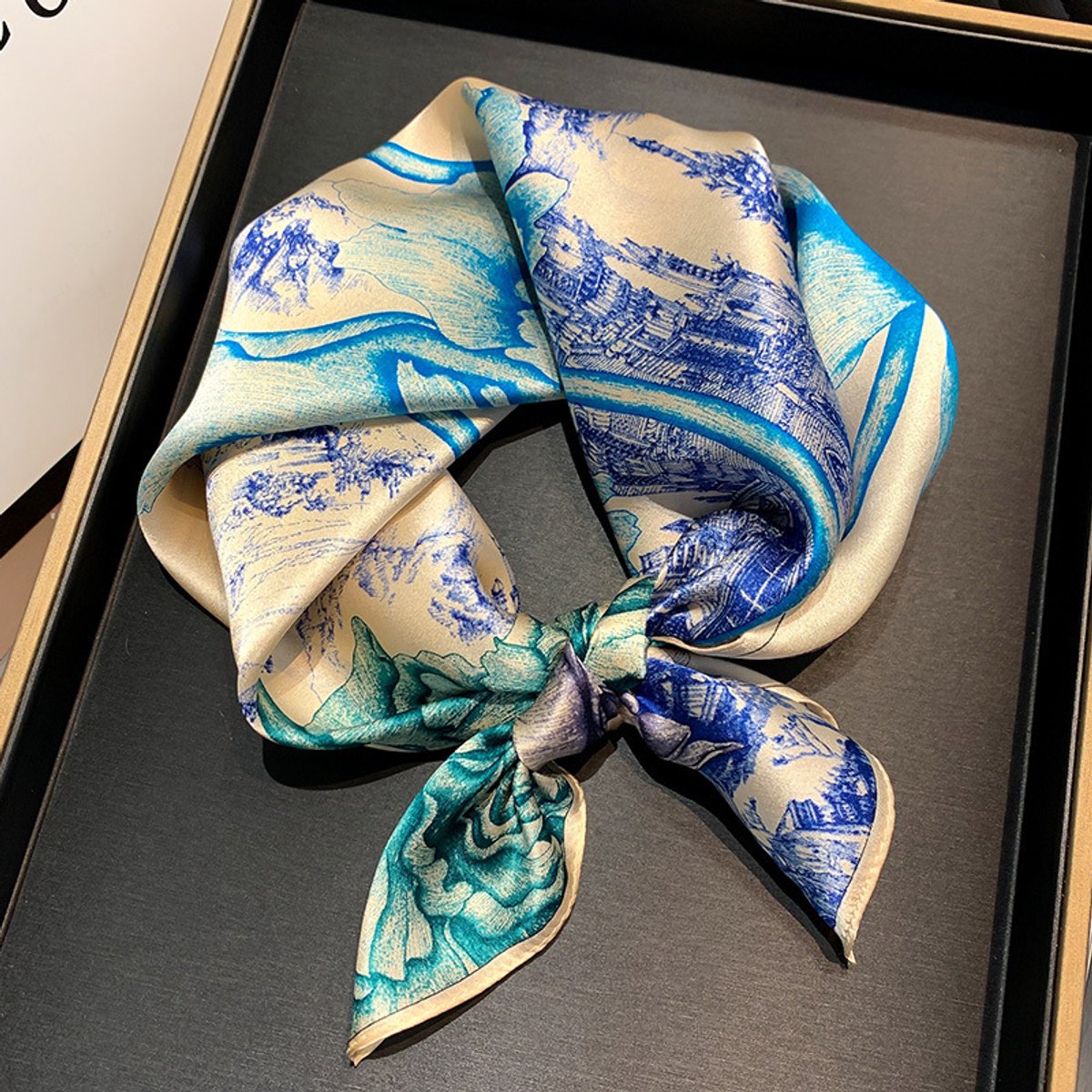 Dames Sjaal - Sjaals - Stola - Vierkante doek - Elegant Stijlvol Dames haar sjaal - Satijn zijde - Hals sjaaltje - Sjaaltje Satijn - Neksjaaltje - Omslagdoek Modesjaals - Neksjaal - Dames Halsdoek -Dame - 16213-Blauw, 53*53cm