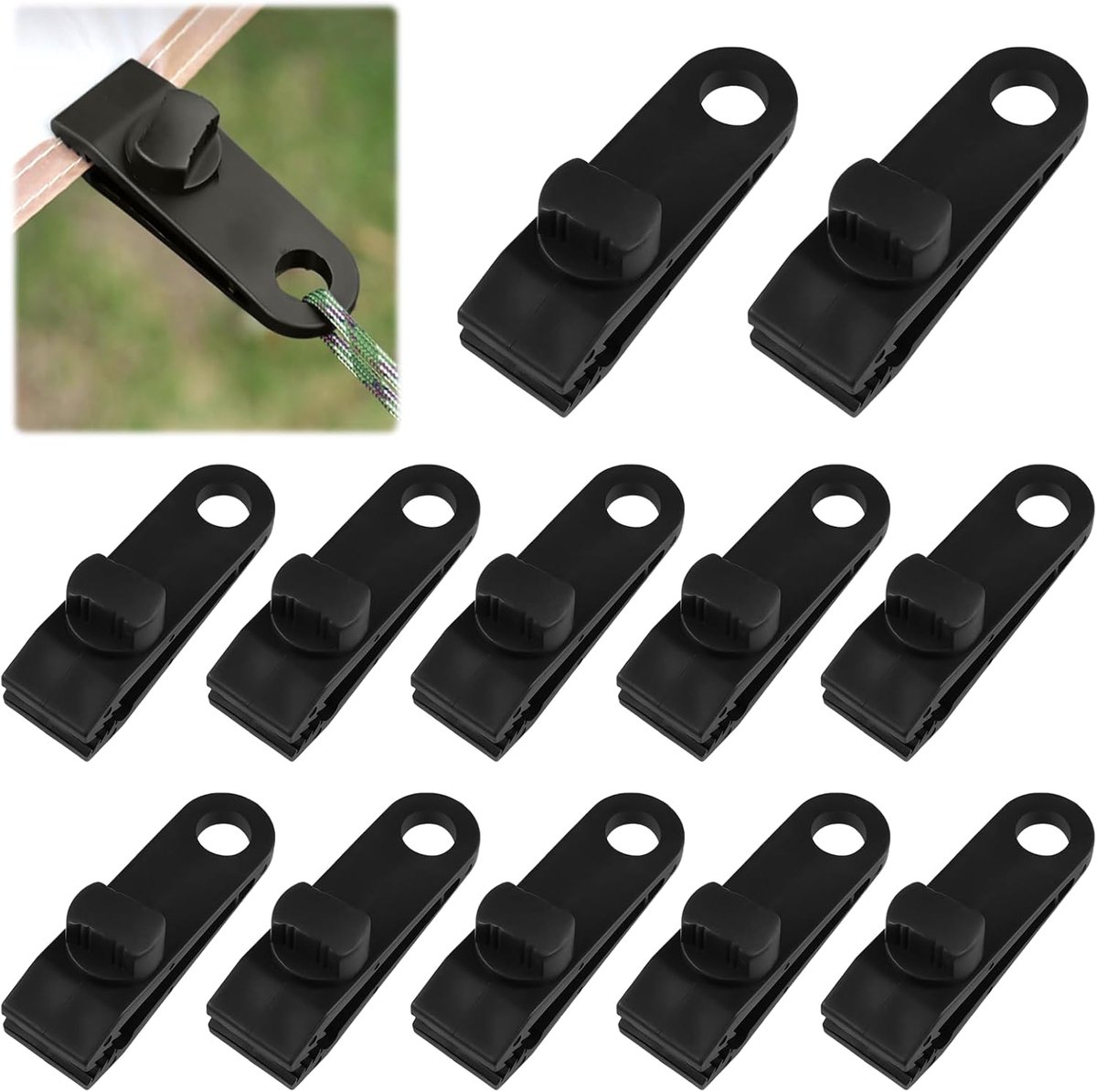 12 Stuks Zeilclips - Robuuste Tentclip - Verstelbare Tarp Clip Klemmen - Multifunctioneel - Geschikt voor Tenten, Motorhome, Caravan, Luifel, Tuin, Zeilen, Bootbedekking, Autokappen (Zwart)