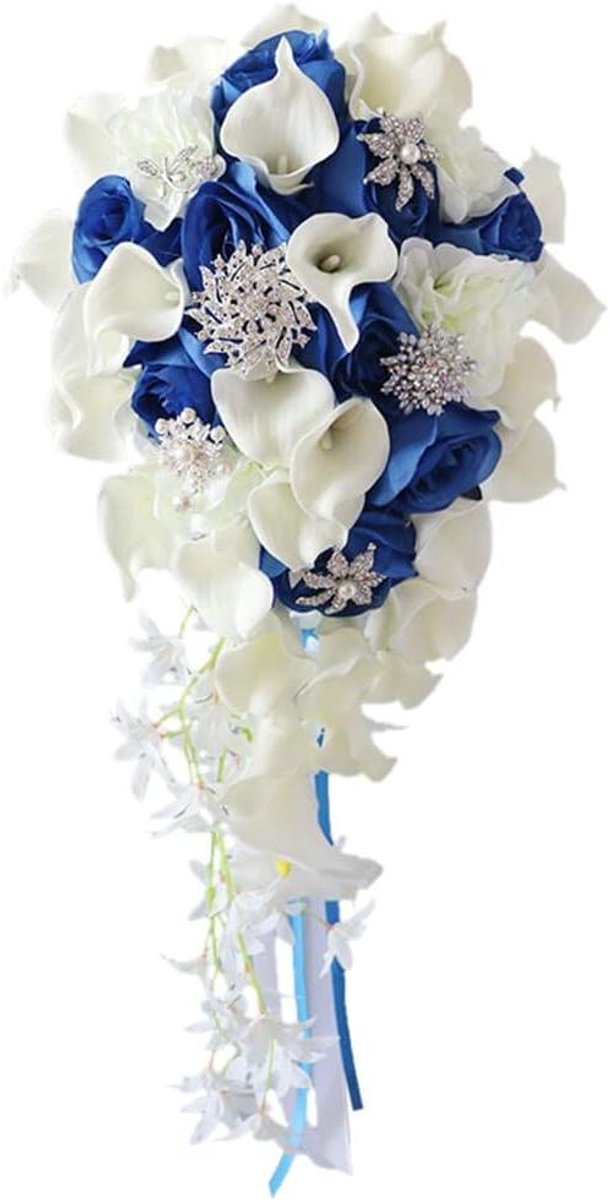 Bruidsboeket - Kunstbloemen boeket - Bruiloft decoratie - Eenvoudig watervaldesign - 25 x 55 cm - Wit met koningsblauw