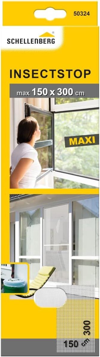 Schellenberg 50324 Hor voor grote ramen, bescherming tegen insecten en muggen zonder bevestigingstape, 150 x 300 cm, wit