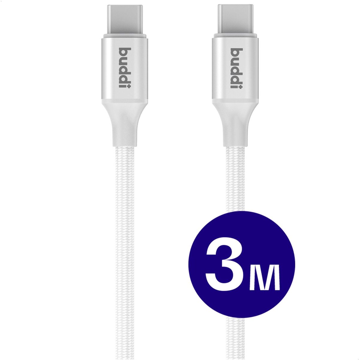 Image of Buddi Flex - USB-C naar USB-C Kabel 60W Fast Charge 20V/3A | Power Delivery - 480Mbps Dataoverdracht - Gevlochten Nylon - 3M Wit
