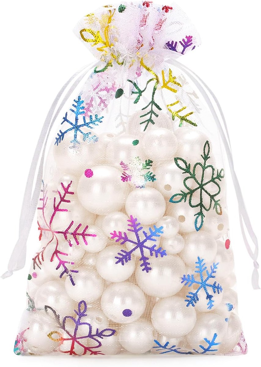 Kleine Organza Gift Bags met Sneeuwvlokken voor Kerstmis, Bruiloften, Snoep en Sieraden - 50 Stuks van 10 x 15 cm