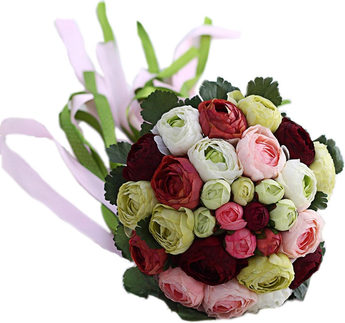 Zijden Bloemen Boeket - Bruidsboeket Bruidsmeisje - Bruiloft Decoratie - Handgemaakt Met Lint - 30CM Hoog - Rood Groen Wit Roze