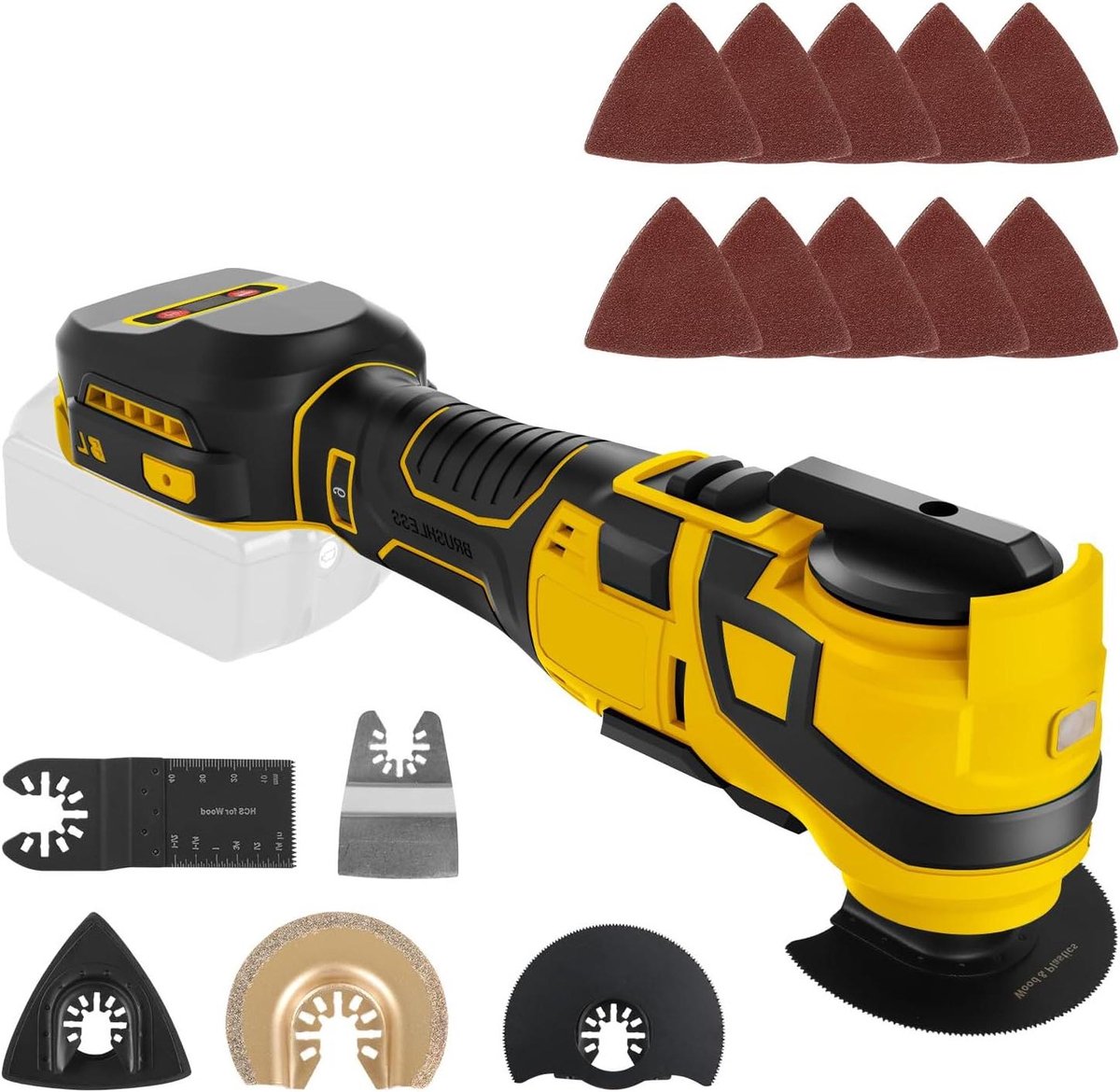 Accu multitool - Oscillerend gereedschap - Klusprojecten uitvoeren - Borstelloze motor 6 snelheden - 4 graden hoek - Geel