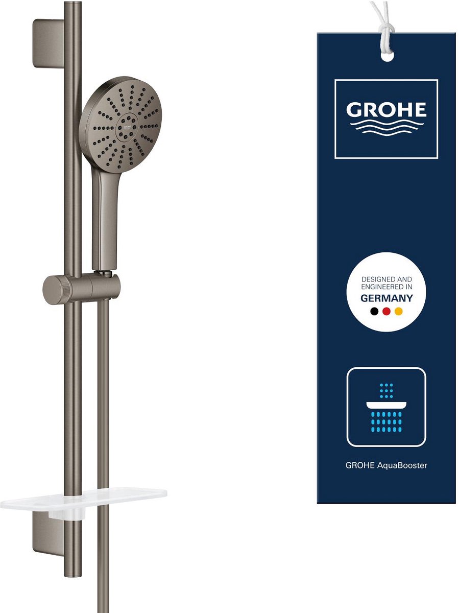 GROHE Vitalio Joy+ 120 Doucheset met Douchestang – Met Douchekop, Doucheslang & Zeepschaal – 3 Straalsoorten – AquaBooster – Waterbesparend (7L/min) – Geborsteld Hard Graphite
