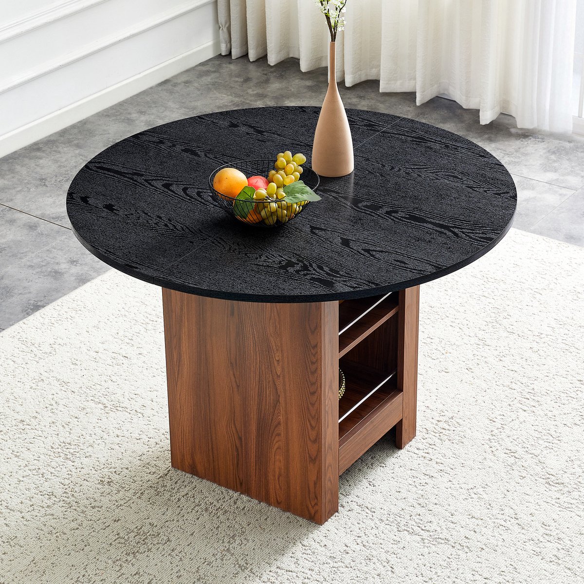 HAUSS SPOLE Eettafel - Ronde Tafel Met Open Opbergvak - Voor Keuken En Eetkamer In Kleine Ruimtes - MDF In Walnootkleur En Zwart - 100x100x76 Cm