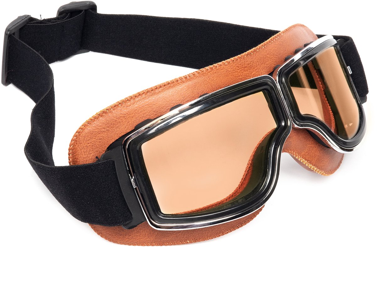KIMU® Goggles Motorbril Skibril - Bril Bruin Montuur - Bruine Glazen - Pilotenbril Vintage Retro Motor Steampunk Leatherlook Leer Geel Bruine Heren Festival