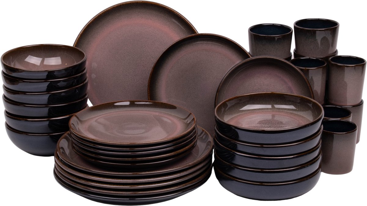 36 delige serviesset - 6 persoons - Vila Nova - blauw met roze - Portugees stoneware