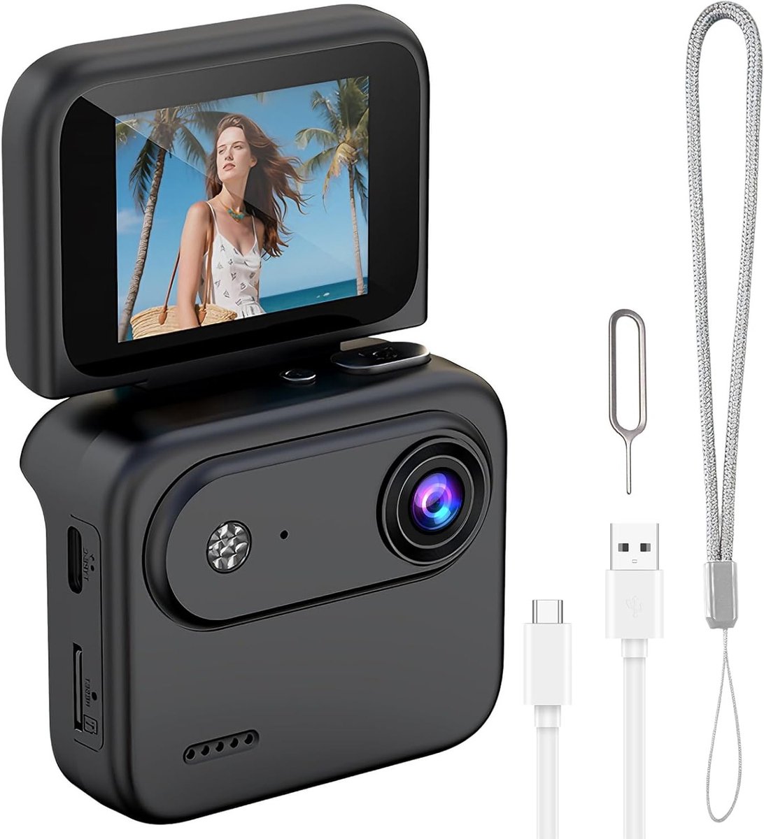 Actiecamera 1080p met 2,0 inch flipscherm, nachtzicht, 143° groothoek en body cam functie voor sport, vloggen en avontuur