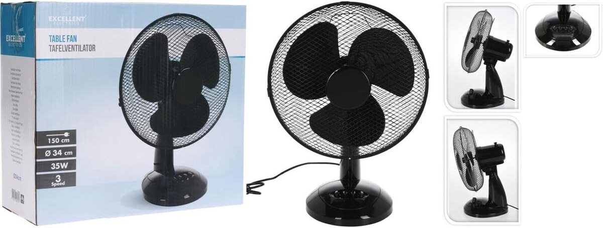 Tafelventilator - Standaard ventilator - Ruimte verkoeling - Drie snelheden - 34 cm diameter - Zwart