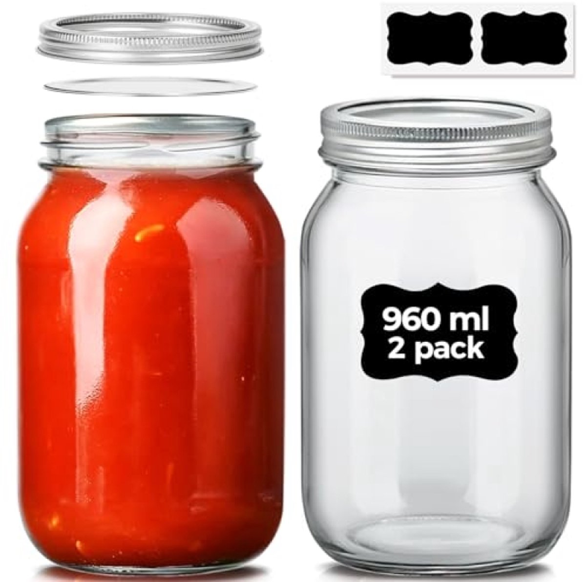 Glazen Potten 960ml met Schroefdeksel 2-Pack – Luchtdichte Inmaakpotten voor Jam, Honing, Yoghurt, Fermentatie en Meal Prep – Voedselveilig Glas Voorraadpotten