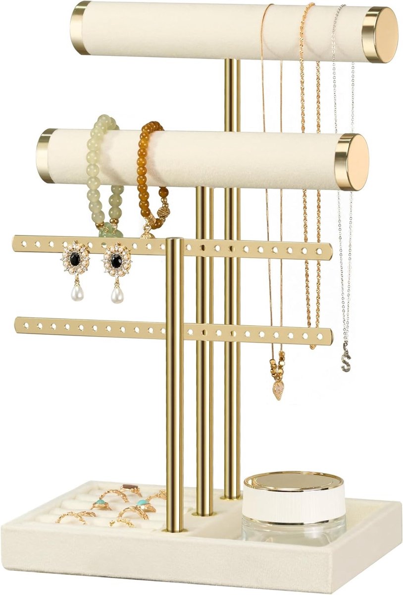 Sieraden Organizer met 3 Niveaus, Beige Sieradenstandaard voor Armbanden, Kettingen en Ringen, Verwijderbare T-Brug en Fluwelen Houder voor Sieraden