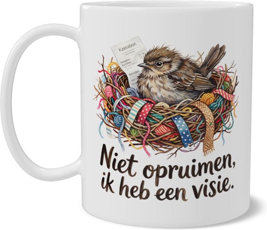 Tasse amusante avec oiseau dans un nid désordonné Citation Ne rangez pas, j'ai une vision - Tasse à café humoristique - Cadeau pour créatif ou désordonné - Accessoire de bureau