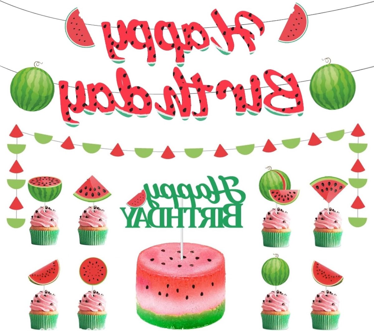 Tropische Feestdecoratie Set met Watermeloen Banner, Cake Topper en Cupcake Toppers voor Verjaardagen, Barbecues en Zomerevenementen