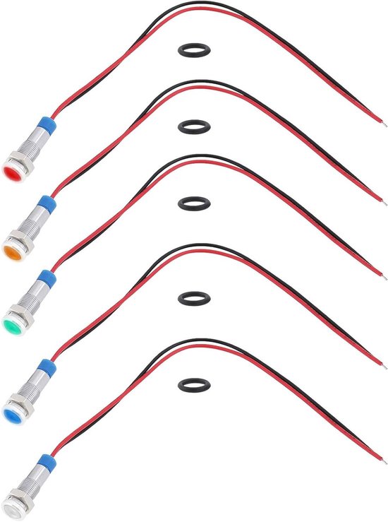 Vijf metalen indicatielampjes in rood, geel, groen, blauw en zilver, met draden en ringen.