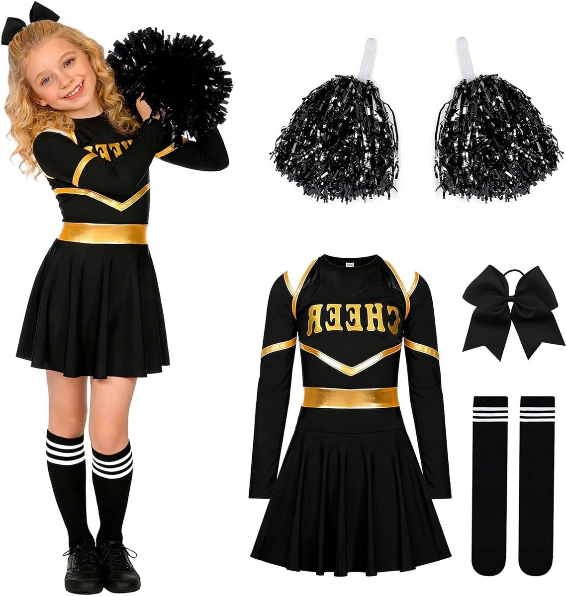 Leuke cheerleader outfit voor meisjes met pompoms en haarband voor carnaval en Halloween feestjes