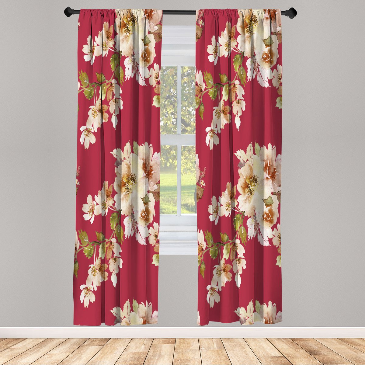 ABAKUHAUS Bloemengordijnen, Set van 2 Panelen voor Woonkamer en Slaapkamer, 150 cm x 175 cm, Framboos-Amandel