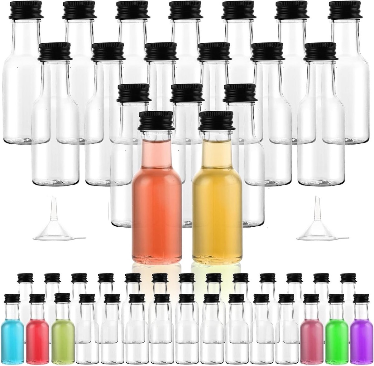 Set van 100 Mini Plastic Flesjes voor Likeur, 25ml Herbruikbare Shot Flesjes met Deksel en Trechter voor Bruiloften en Feesten