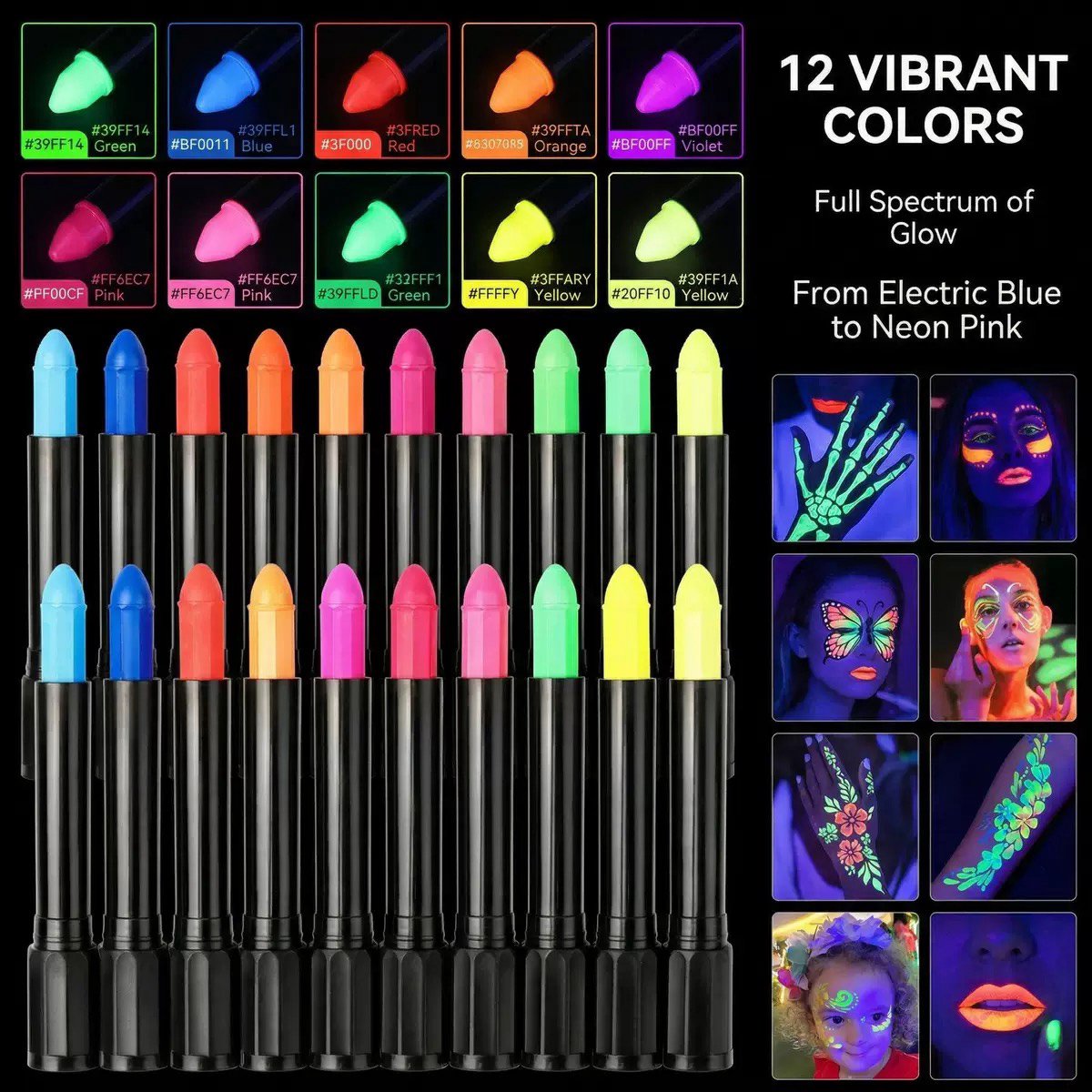 Schminkstiften - Schmink Set Krijtjes - 12 Stuks Kleuren -Fluoriserend UV Neon Glow in the Dark Krijtjes-Giftige Gezichtsverfkrijtjes voor Halloween Cosplay Make-up-Helderste Glow onder UV-Licht — afbeelding 9