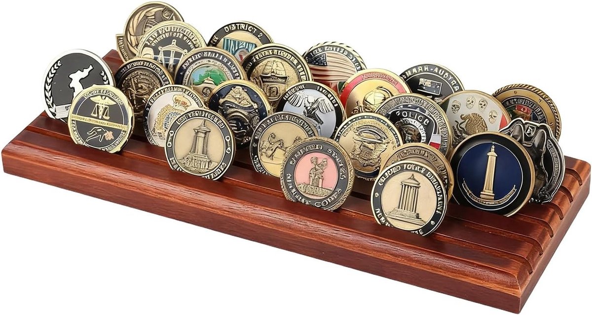 Elegante Houten Muntdisplay met 6 Kaartsleuven voor Meer dan 30 Munten, Ideale Verzameling en Souvenirs, 33 x 13 x 3 cm, Duurzame Muntopslag en Decoratie