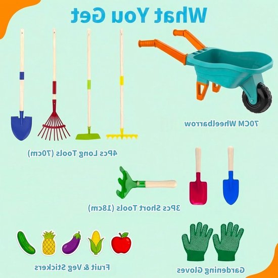 SnelShoppen - Kids Tuinieren Tool Set met Kruiwagen, Metalen Schop, Hark, Schoffel, Blad Hark, Handschoenen en Stickers voor Educatief Outdoor Tuinier van Snelshoppen — afbeelding 4