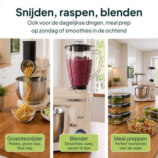 Crème keukenmixer met functies voor groentesnijder, blender en meal prep. Met bijpassende accessoires.