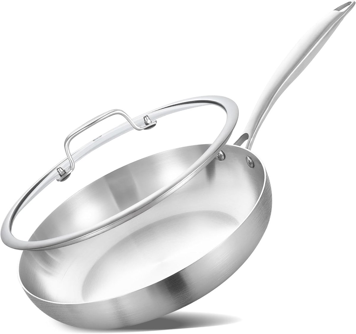 Roestvrijstalen Koekenpan Inductie Pan Snel Bakken Tri-Ply Constructie 25 cm Diameter Zilverkleurig