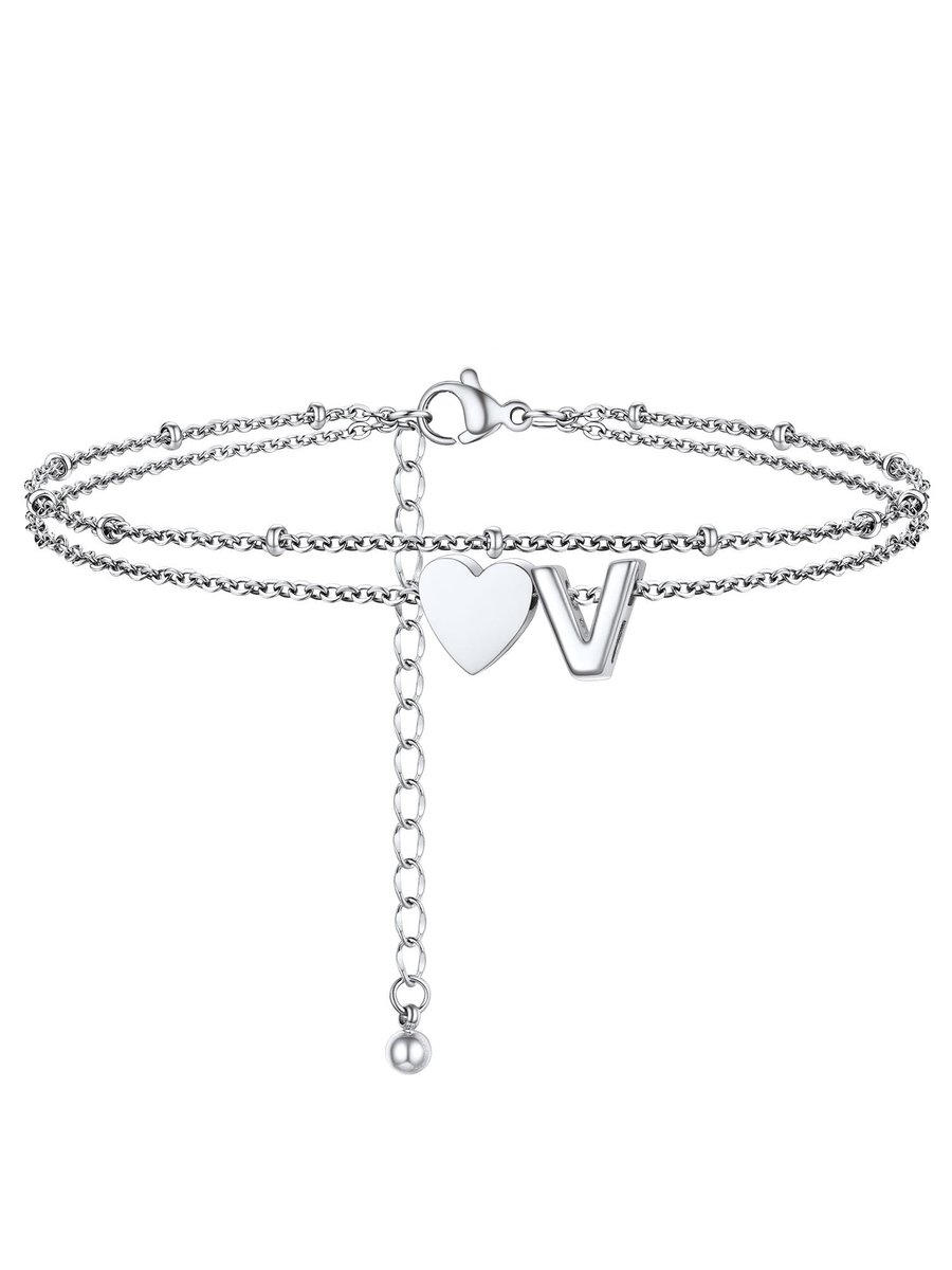 PROSTEEL Dames Enkelbandje Dubbele Laag RVS Hart en Letter Charm Verstelbaar 22+5cm