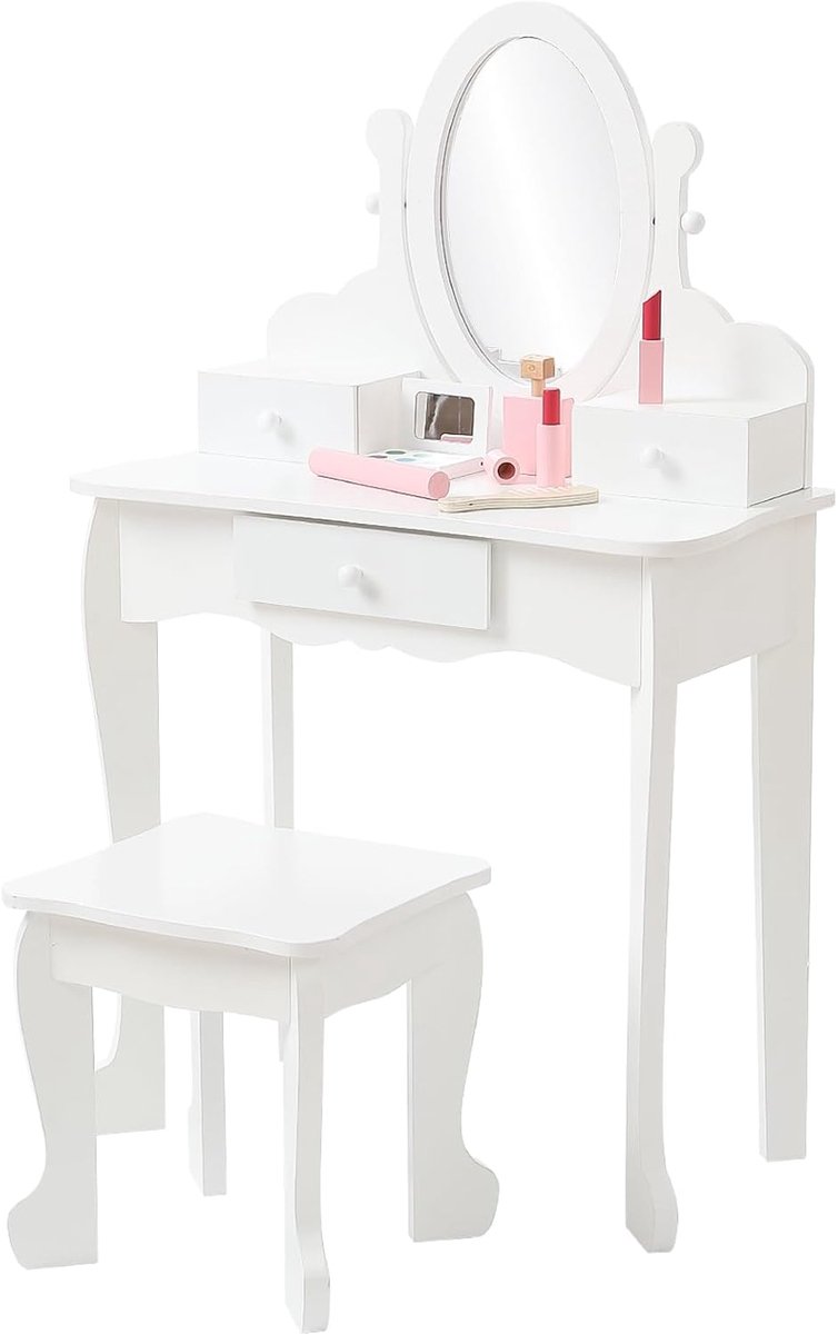 HOERFURIY Kinderkaptafel voor Meisjes met Spiegel en Krukje - Prinses Make-up Tafel - 2-in-1 Bureau - 3 Laden - 4 tot 9 Jaar - wit