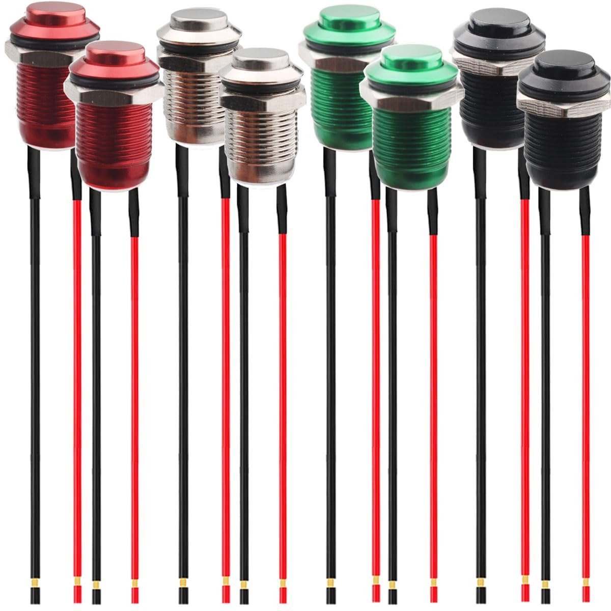 8x 12mm Waterdichte Drukknoppen - RVS Metaal - 12V - Hoog Hoofd - Rood, Zilver, Groen, Zwart
