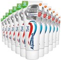 Veertien tubes Aquafresh Tandsteen Controle tandpasta, 75ml per stuk, met recycle-icoon.