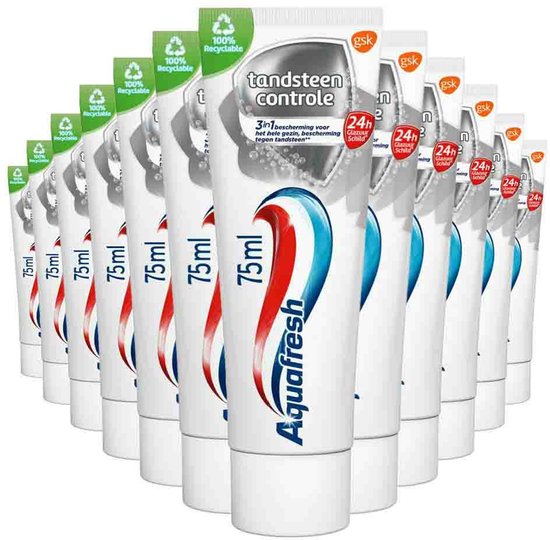 Veertien tubes Aquafresh Tandsteen Controle tandpasta, 75ml per stuk, met recycle-icoon.