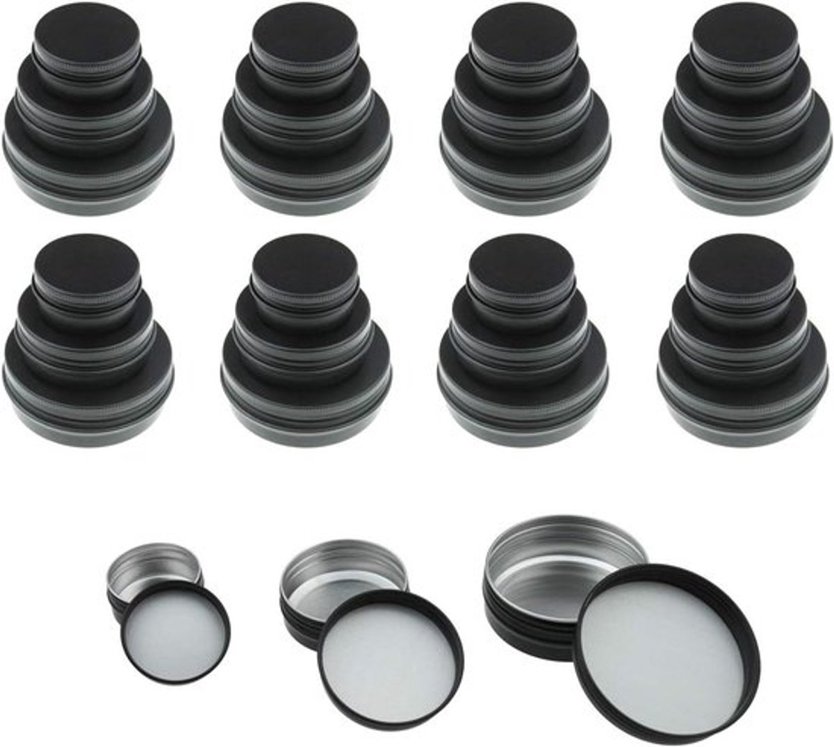 Set van 48 Zwarte Aluminium Blikken met Schroefdeksel in Verschillende Maten