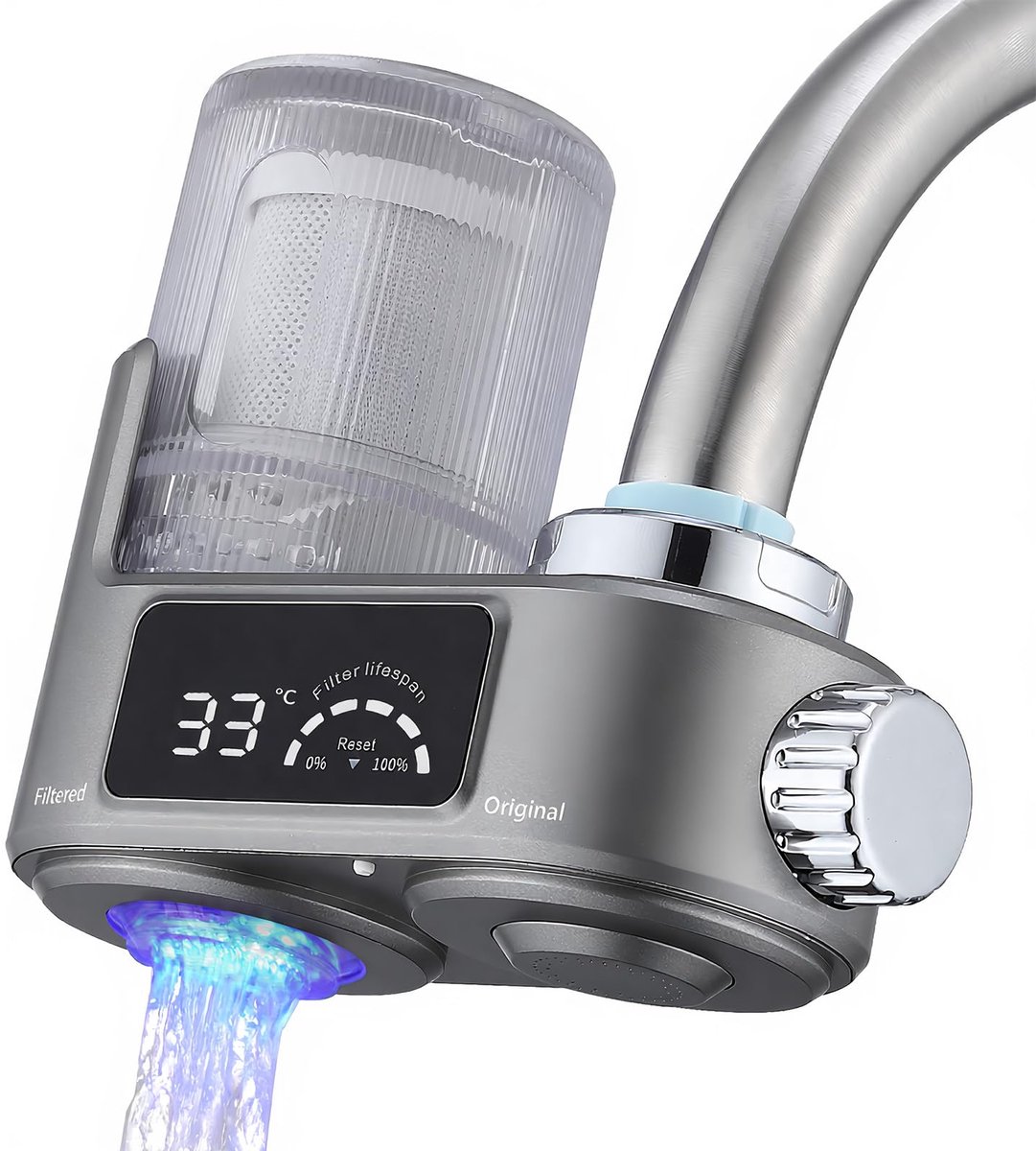 longziming -Kraanwaterfilter - Tapwaterzuiveraar - Waterfiltersysteem - LED-Display Met Temperatuur - UV-Blaulicht Desinfectie - Levensmiddelveilig ABS - Universele Montage Zonder Gereedschap - 1 Stuk