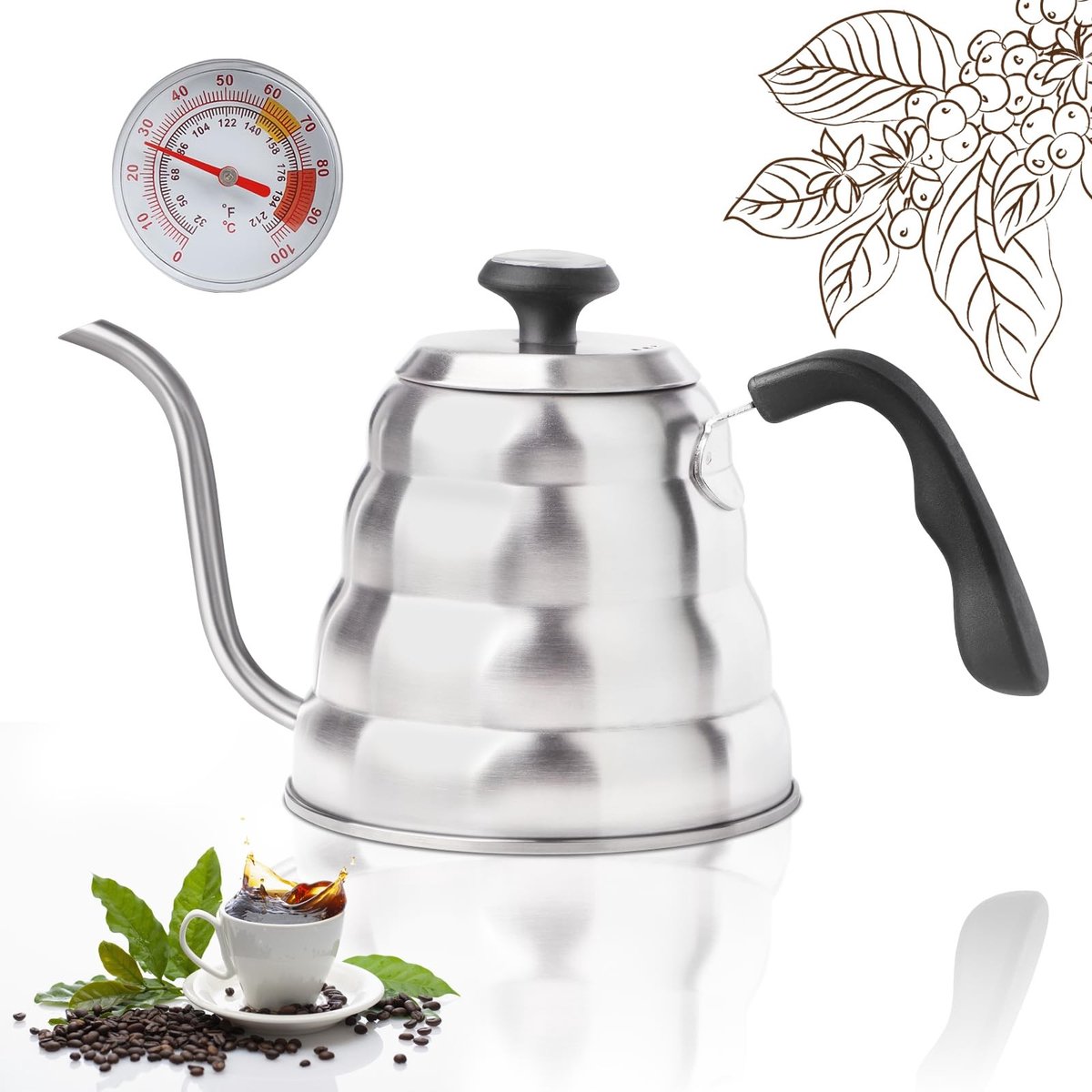 aladdien - Zwanenhalsketel - Waterkoker met thermometer - Elegante vorm - Zilver - Roestvrijstaal - Ideaal voor koffie en thee - 1,2 liter