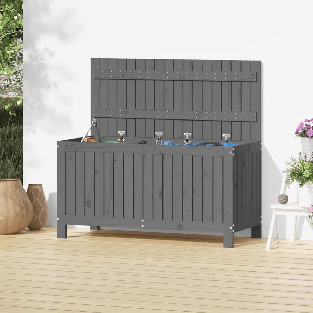 Tuin Opbergdoos - Kist Organizer - Terras Opruimen - Hydraulisch Deksel - 115 cm Breed - Grijs