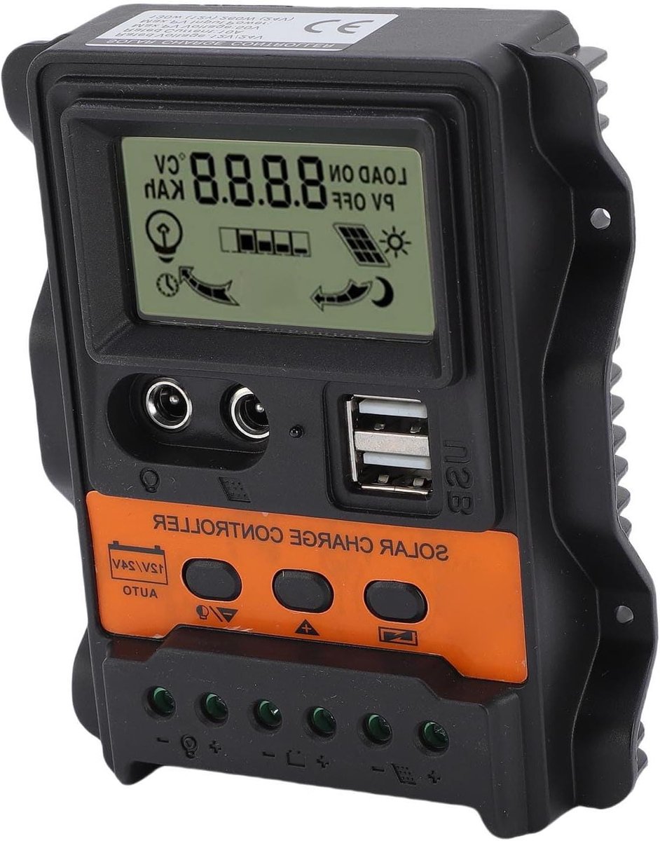Zonne Laadregelaar - PV Regulator - Energie Beheer - Dubbele USB Poorten - 10A 12V 24V - Zwart