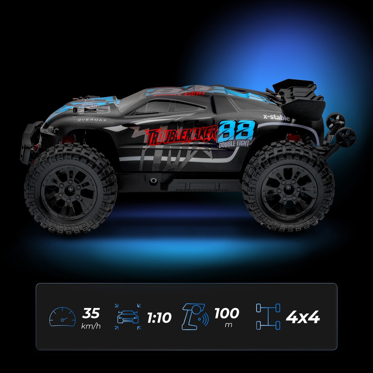 Overmax X-Stable RC auto / RC car – 35 km/h – 4x4 Monster Truck – 1:10 – metalen aandrijving – olie-schokdempers – dubbele LED verlichting – 2 accu’s (tot 40 min rijtijd) – instelbare besturing – actieve rem – offroad terrein model - Bestuurbare Auto — afbeelding 14