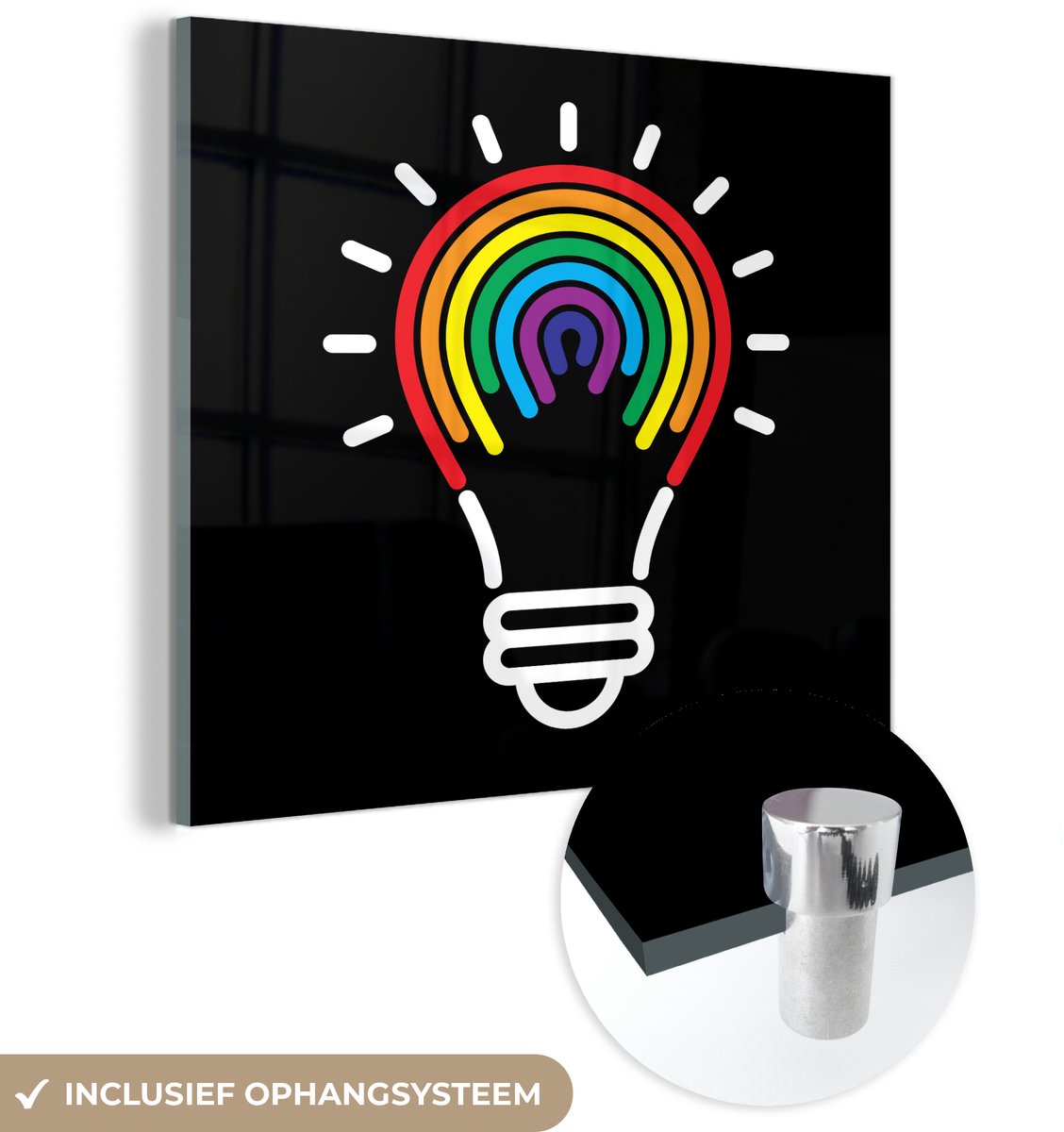 ® Glasschilderij 50x50 cm - Schilderij acrylglas - Kinderillustratie gloeilamp in regenboo